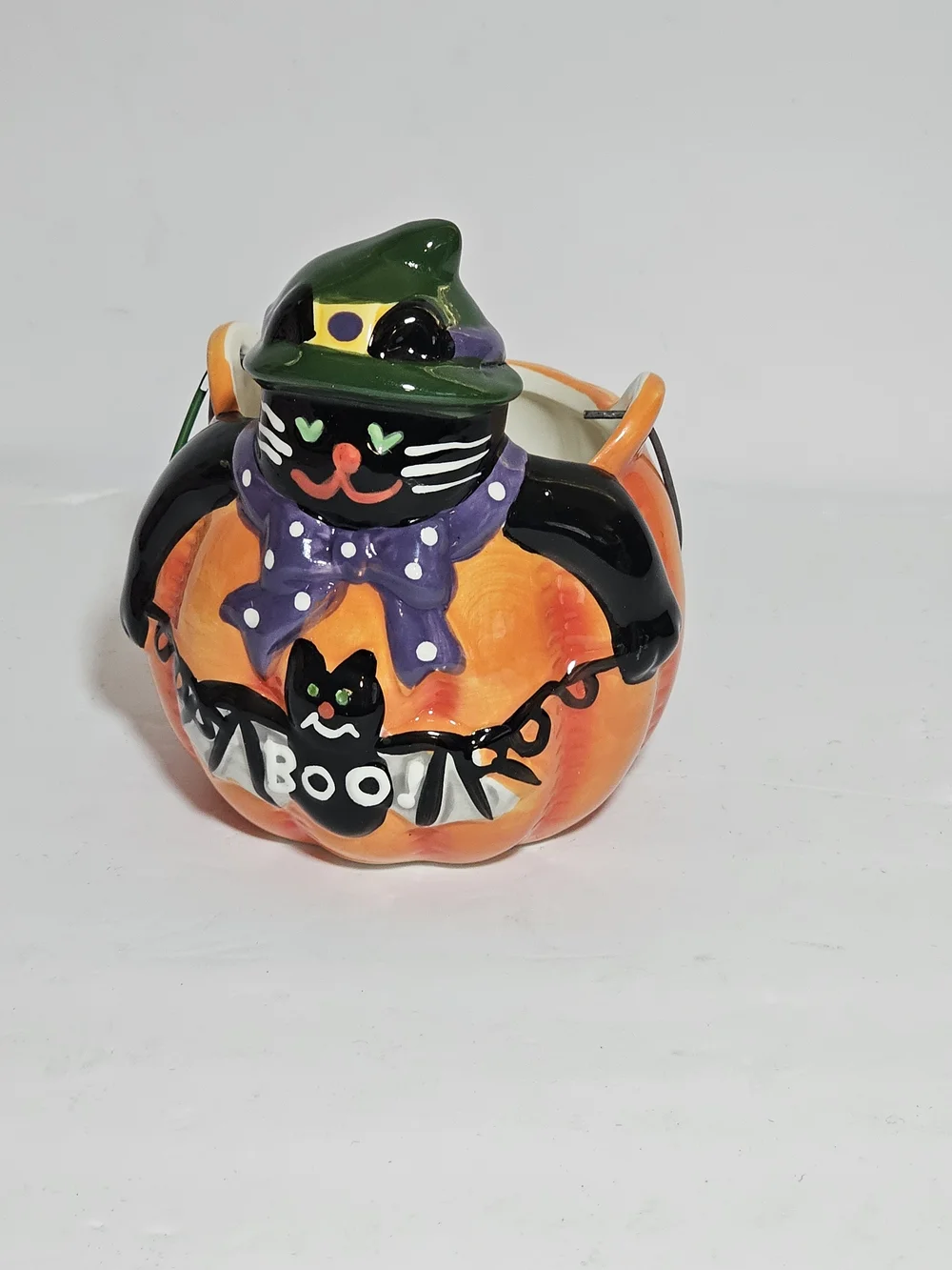Halloween Black Cat Pumpkin Small Ceramic Candy Bucket Treat Pail BOO Decor
